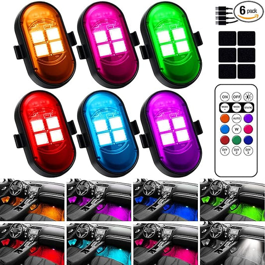 Upgraded Wireless LED Lights for Car, Rechargeable Interior Car Lights with 8 Colors Brightness Adjustable, 12H Battery Life, Remote Control, Mini Strobe Lights for Vehicle Motorcycle Bike Decor