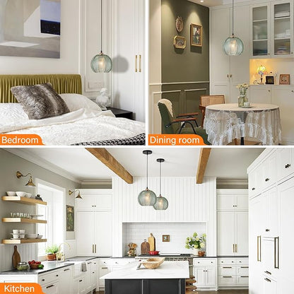 2 Pack Green Pendant Lights Kitchen Island, 8.6" Mid Century Modern Pendant Light Fixtures, Ribbed Glass Adjustable Farmhouse Hanging Lights for Dining Room Bedroom Hallway Entryway