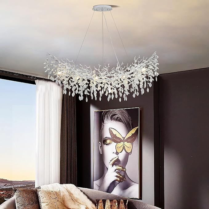 Modern Crystal Tree Branches Chandelier, 47.5in Silver 12 Lights Large Ceiling Hanging Light for Dining Room, Arc Raindrop Pendant Light Fixture