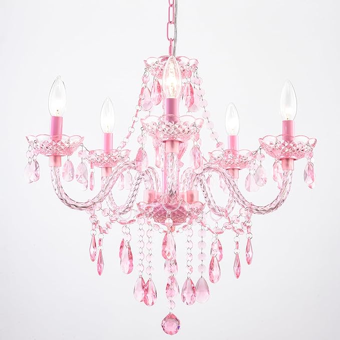 Plug-in 5 Lights Pink Crystal Hanging Pendant Light Acrylic Chandelier with Clear Cord & On/Off Switch H19 D19.7 for Kitchen Island Girls' Room Dining Area Laundry Pavilion.