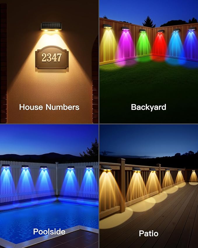 Solar Fence Lights Outdoor, 2 Pack IP65 Waterproof Fence Lights Solar Powered with Ultra-Bright LED Lens, 9 Color Modes, 12+ Hours Steady Glow for Deck/Backyard/Patio/Pool/Wall - Pure Black
