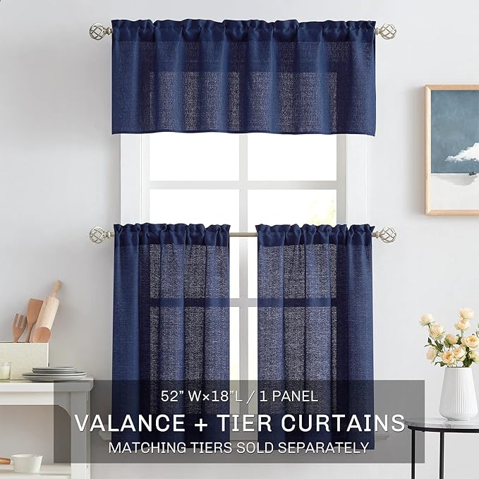 Melodieux Navy Semi Sheer Curtain Valance for Kitchen Cafe Small Windows Linen Look Rod Pocket, 52 by 18 Inch, 1 Panel