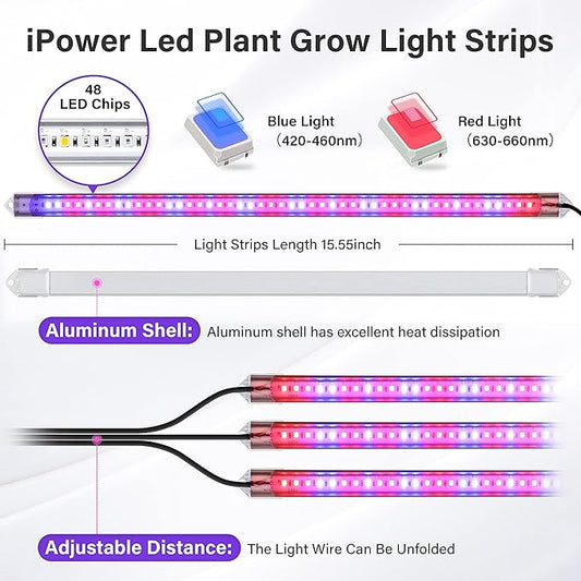 iPower 40W Full Spectrum LED Plant Grow Light Strips for Indoor Plants with Auto ON/Off 3/9/12H Timer, 10 Dimmable Levels 48 LEDs Per Tude, for Hydroponics Succulent, 3 Tubes, Red&Blue