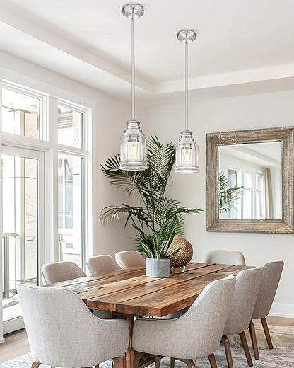 2 Packs Farmhouse Pendant Light Fixtures, HWH 1-Light Hanging Lighting, Kitchen Pendant Lighting Over Island, Brushed Nickel and Bell-Shaped Fluted Clear Glass, 5HZG106MIL-2L BN