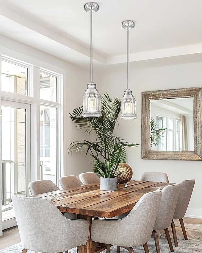 HWH Pendant Light Kitchen Island, Bell-Shaped Fluted Clear Glass Pendant Light, Pendant Lighting Height Adjustable for Dining Room, Brushed Nickel, 5HZG106MIL-L BN