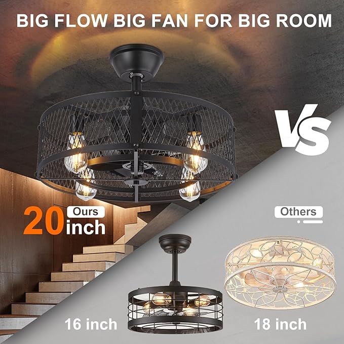 Depuley Outdoor Ceiling Fan with Light: 20" Caged Ceiling Fans with Remote Control for Patio Kitchen Bedroom - Farmhouse Fandelier Flush Mount Lights Fixture Reversible 6 Speed Timer Black