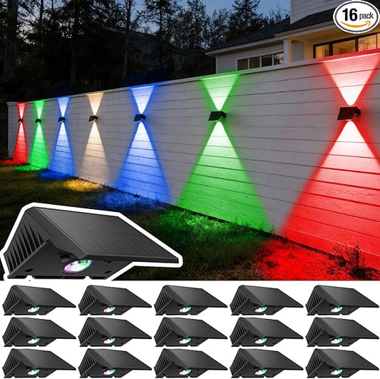 Solar Fence Lights Outdoor, 16 Pack White & RGB Up and Down Solar Wall Lights, IP67 Waterproof LED Dusk to Dawn Solar Powered Fence Lights for Patio, Backyard, Deck, Garden, Yard, Outdoor Wall Decor
