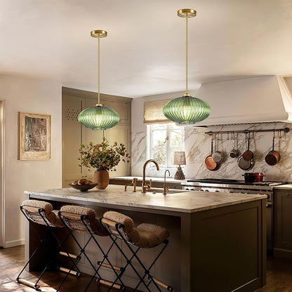 10" Green Glass Modern Pendant Light Kitchen Island Brushed Gold Mid Century Modern Pendant Lighting with Clear Green Glass Hanging Pendant Light for Dining Room（Bulb Incl.）