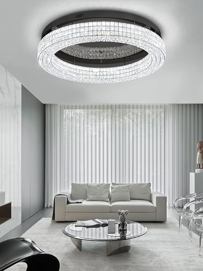 ykolupty 32'' Modern Chandeliers for Living Room Crystal Chandelier Flush Mount Ceiling Light Fixture for Dining Room Living Room Bedroom Dimmable 2700-6000K (Black Chandelier)