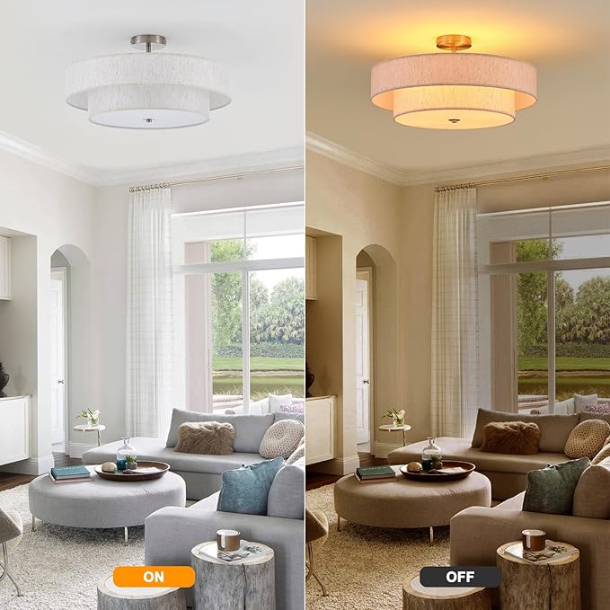 21.7" Modern Semi Flush Mount Ceiling Light 4-Lights Linen Drum Ceiling Lighting with Chrome Finish, Vintage Ceiling Light Fixture for Laundry Room, Kitchen, Living Room, Dining Room, Bedroom