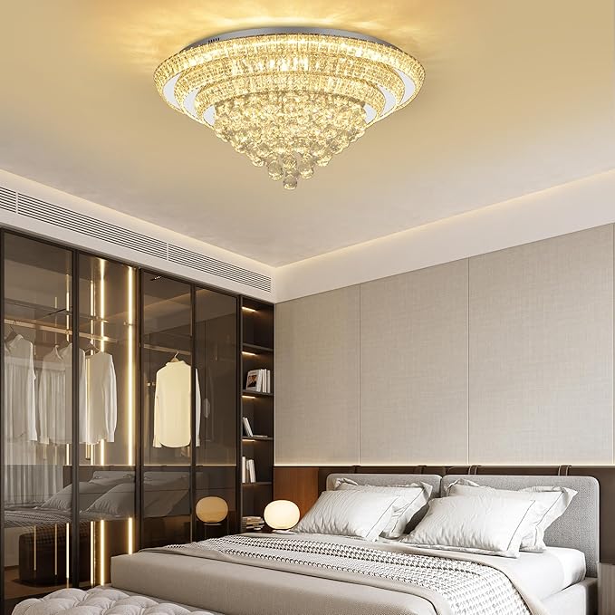 Miuyhji Elegant LED Crystal Raindrop Ceiling Light, 30" Flush Mount Chandelier Light Fixture with Remote Control for Living Room Kitchen Island Bedroom Hallway Entryway Foyer(Dimmable)