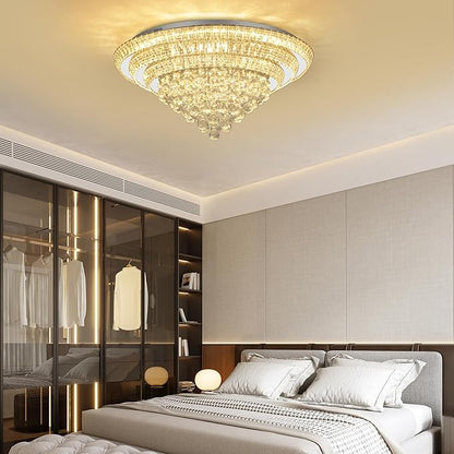 Miuyhji Elegant LED Crystal Raindrop Ceiling Light, 30" Flush Mount Chandelier Light Fixture with Remote Control for Living Room Kitchen Island Bedroom Hallway Entryway Foyer(Dimmable)