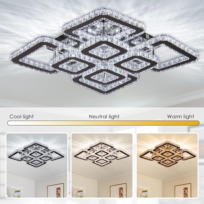 FRIXCHUR Square Crystal Chandelier 20 Inch Flush Mount Ceiling Light 8 Light Modern LED Crystal Ceiling Fixture with 3 Color Light for Bedroom Living Room Dining Room