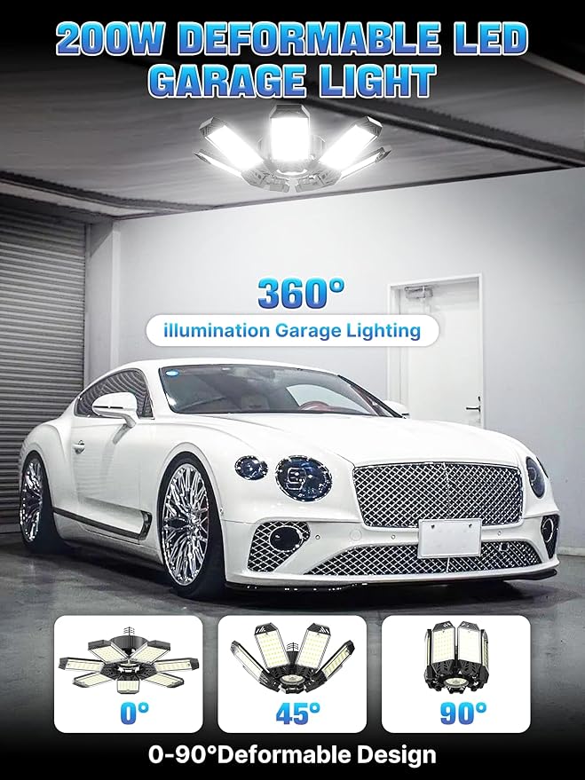 Garage Light 200W, Super Bright 20000LM Garage Lights Ceiling Led with 7 Adjustable Panels 6500K Shop Led Screw in E26/E27 Bulb Socket for Workshop Basement Barn Attic Bay Lighting