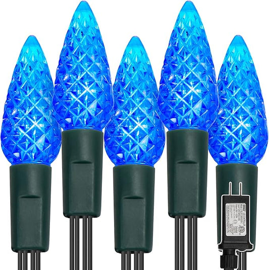 WATERGLIDE C6 Christmas Lights, 33ft 100 LED Faceted String Lights Green Wire Fairy Lights with 29V Safe Adaptor, 8 Lighting Mode, Waterproof for Indoor Outdoor Patio Xmas Tree Party Decor, Blue