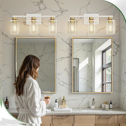 DORESshop 17 Inch Bathroom Light Fixtures, 3-Light White and Gold Bathroom Lighting Fixtures Over Mirror with Clear Glass Shade, Vanity Lights for Living Room Bedroom