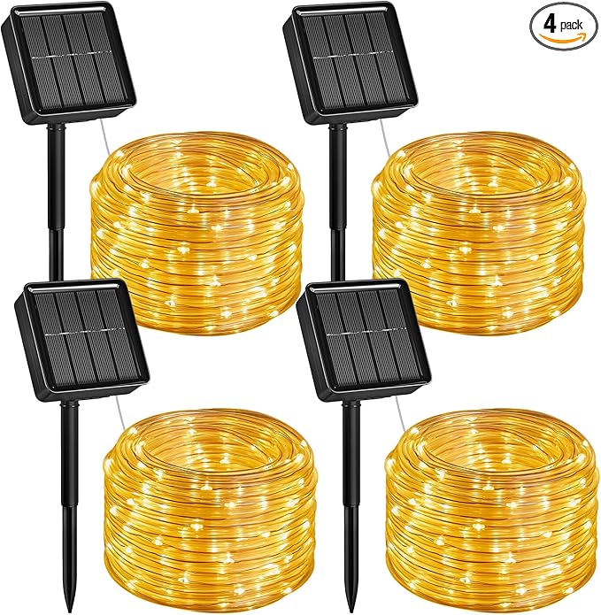 Brightown Solar Rope Lights, 4 Pack 39FT 100 LED Warm White Solar String Lights Outdoor, IP65 Waterproof Solar Powered Fairy Lights with 8 Lighting Modes for Yard Garden Patio Tree Decoration