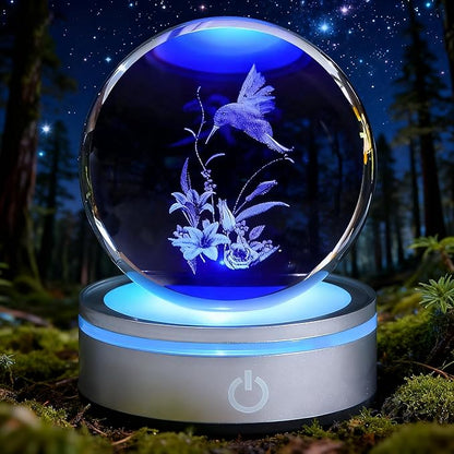 Hummingbird Gifts, 3D Hummingbird 3.15 Inch (80mm) Crystal Ball Lamp with Battery Powered, RGB Color Light for Birthday Xmas Cool Upgraded Bird Figurines Gifts for Room Decor Boys Girls