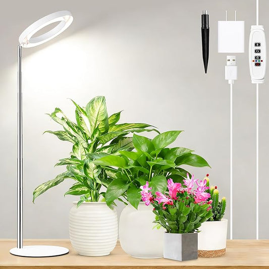 Hywyimlait 6.3" Indoor Plant Growth Lights, Full Spectrum Plant Growing Lights, 8.2"-37.4" Height Adjustable Desk Grow Lamp with Base and Ground Stake, Auto Timer 4/8/12/18H, 3 Light Modes, 10 Dimming