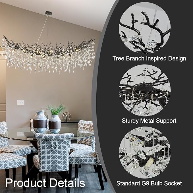 Modern Crystal Black Chandelier,63" Large Rectangular Dining Room Over Table Chandeliers, Tree Branch Crystal Lving Room Chandelier for High Ceiling,Kitchen Island