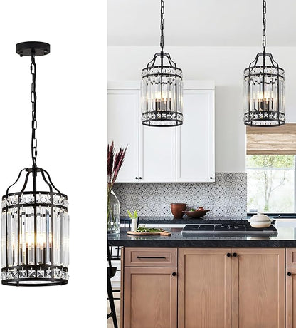 Modern Black Pendant Island Light Fixtures for Kitchen, Luxury Elegant Crystal Small 4-Light Chandeliers for Dining Room, Industrial Cage Hanging Ceiling Lighting for Bedroom Foyer Hallway