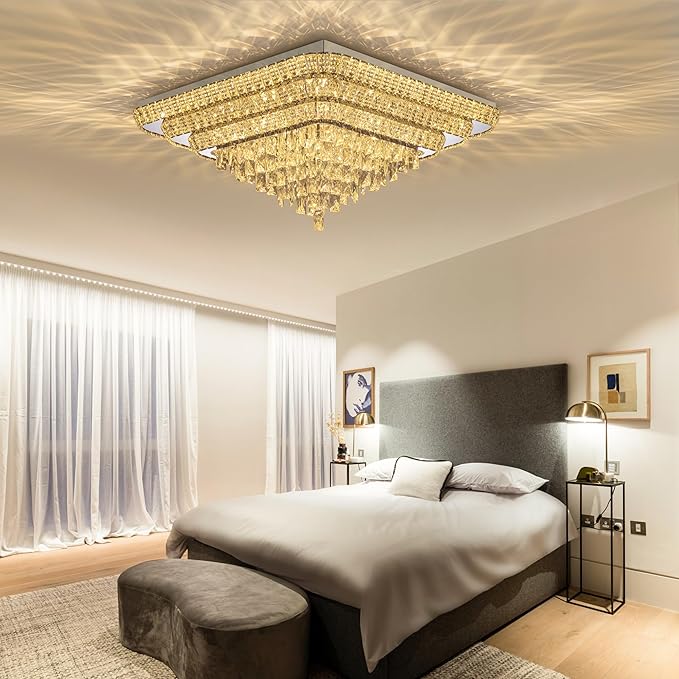 Miuyhji Elegant LED Crystal Raindrop Ceiling Light, 30 Inch Square Flush Mount Chandelier with Remote for Living Room Kitchen Island Bedroom Hallway Entryway Foyer (Dimmable)