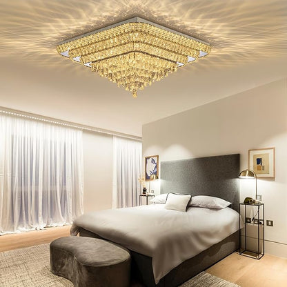 Miuyhji Elegant LED Crystal Raindrop Ceiling Light, 30 Inch Square Flush Mount Chandelier with Remote for Living Room Kitchen Island Bedroom Hallway Entryway Foyer (Dimmable)