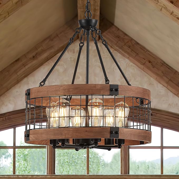 6-Light Farmhouse Drum Wood Pendant Light,20.55'' Vintage Rustic Brown Oak Wood Chandeliers,Retro Industrial Hanging Light Fixtures for Dining Room Entryway, Bedroom