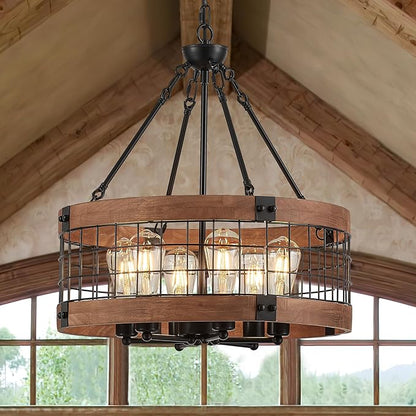 6-Light Farmhouse Drum Wood Pendant Light,20.55'' Vintage Rustic Brown Oak Wood Chandeliers,Retro Industrial Hanging Light Fixtures for Dining Room Entryway, Bedroom