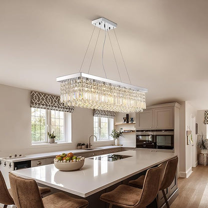 Crystal Chandelier for Dining Room,8-Light Modern Chandeliers,K9 Crystal Rectangle Chandelier,Farmhouse Pendant Light Fixture for Kitchen Island Bar Bedroom L40 x W10 x H10