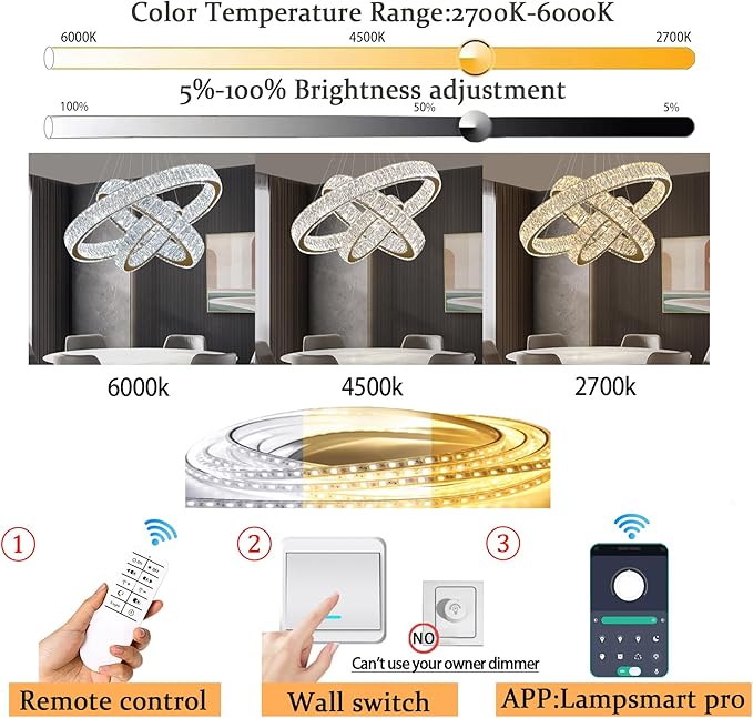Modern Led Gold Ring Chandelier Luxury 3 Ring Crystal Chandelier Led Dimmable Light for Dining Room Height Adjustable Led Pendant Light 32''+24''+16''