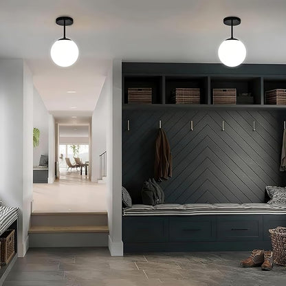 Globe Semi Flush Mount Ceiling Light, Mid Century Modern Light Fixture Ceiling, Milk Glass with Matte Black Finish, Living Room Kitchen Bedroom Hallway Storage Schoolhouse Laundry(LED Bulb Incl.)