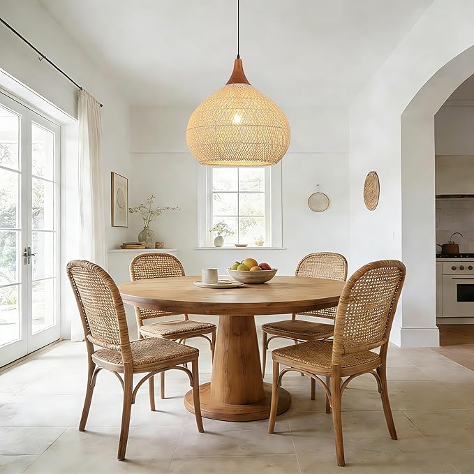 20" Large Rattan Pendant Light, Rattan Chandelier Hand-Woven Boho Pendant Light Fixtures with Solid Wood, Basket Wicker Chandelier for Dining Room Kitchen Island Living Room