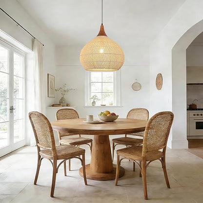20" Large Rattan Pendant Light, Rattan Chandelier Hand-Woven Boho Pendant Light Fixtures with Solid Wood, Basket Wicker Chandelier for Dining Room Kitchen Island Living Room