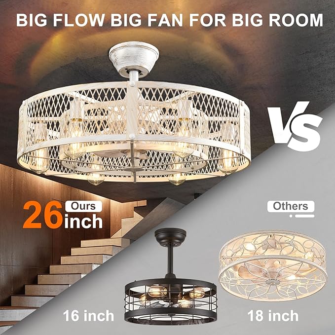 Depuley Outdoor Ceiling Fan with Light: 26" Caged Ceiling Fans with Remote Control for Patio Kitchen Bedroom - Farmhouse Fandelier Flush Mount Lights Fixture Reversible 6 Speed Timer Cement