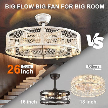 Depuley Outdoor Ceiling Fan with Light: 26" Caged Ceiling Fans with Remote Control for Patio Kitchen Bedroom - Farmhouse Fandelier Flush Mount Lights Fixture Reversible 6 Speed Timer Cement
