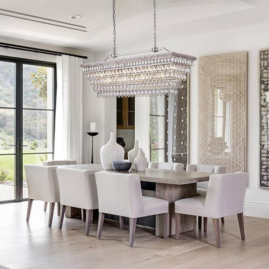 Wellmet Dining Room Crystal Rectangle Chandelier, 48 Inch Antique Silver, 9 Lights Farmhouse Chandelier for High Ceiling, Kitchen Island, Living Room, Entryway