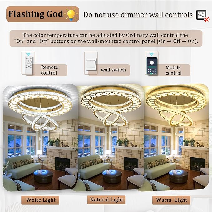 Flashing God Extra Large Chandelier Dia 55" Gold Chandeliers Flush Mount Chandelier for Living Room Bedroom Dining Room Hallway Dimmable 3 Rings Ceiling Chandeliers