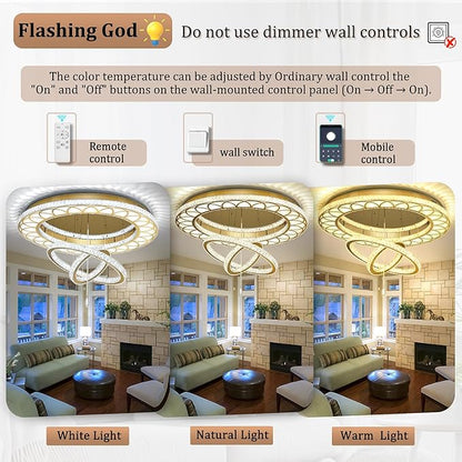 Flashing God Extra Large Chandelier Dia 55" Gold Chandeliers Flush Mount Chandelier for Living Room Bedroom Dining Room Hallway Dimmable 3 Rings Ceiling Chandeliers