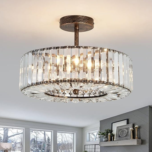 Piepooye 4 Lights Modern Crystal Chandelier Oil Rubbed Bronze Round Semi Flush Mount Ceiling Light Fixture Farmhouse Chandelier for Dinning Room Living Room Bedroom Hallway Entryway Kitchen