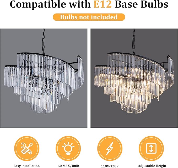 TOCHIC Black Crystal Chandeliers, 9 Lights Modern Farmhouse Chandeliers for Bedroom, Dining Room Light Fixture Spiral Design, High Ceiling Chandelier for Living Room, Entryway, 31.49" L