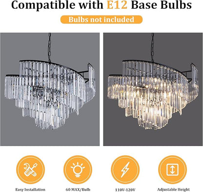 TOCHIC Black Crystal Chandeliers, 9 Lights Modern Farmhouse Chandeliers for Bedroom, Dining Room Light Fixture Spiral Design, High Ceiling Chandelier for Living Room, Entryway, 31.49" L