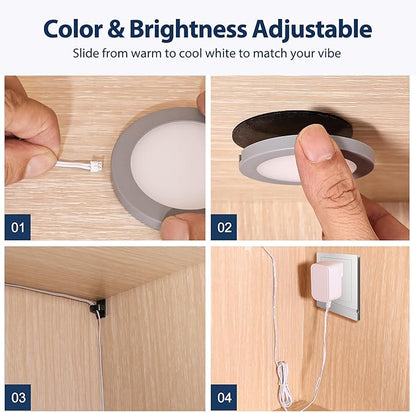 V4light LED Puck Lights 6 Pack, 6mm Ultra-Thin Plug in Under Cabinet Lighting with Touch Dimmer, Adjustable Color Temp(2700K-6500K), Easy Installation for Kitchen, Pantry, Closet, Bedroom (Grey)