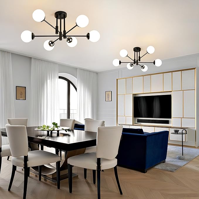Biewalk Sputnik Ceiling Light Fixture 6 Light Sputnik Chandeliers, Black Chandelier Light Fixture with Milk White Glass Shade for Living Room Kitchen Bedroom Dining Room (E26 Bulb Excluded)