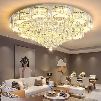 39.4" Silver Modern Crystal Chandeliers for Dining Room LED Dimmable Light Fixtures Flush Mount Light Living Room Bedrooms