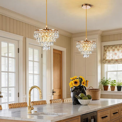Mini Crystal Chandelier Small Modern Crystal Flush Mount Ceiling Light for Hallway Closet, E26 Base, K9 Crystal (Gold-Pendant)