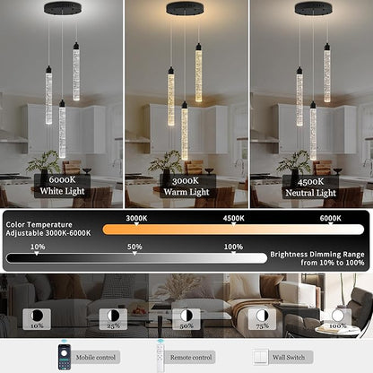 Crystal Kitchen Island Chandelier, Modern Black Spiral Dimmable LED Cluster Raindrop Foyer Chandelier Lighting, Bubble Dining Room Hanging Light Fixture 3 Light Remote Control