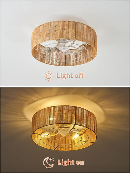 Ceiling Fans with Lights, 20" Boho Ceiling Fan with Light Flush Mount, Rattan Low rofile with 6 Speeds, Remote Control for Bedroom, Nursery, Living Room