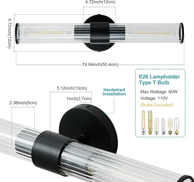 Bathroom Vanity Light Fixtures, Black Wall Sconces in Threaded Glass, Modern Wall Light for Bathroom Living Room Bedroom, Hallway - Bulb Not Included