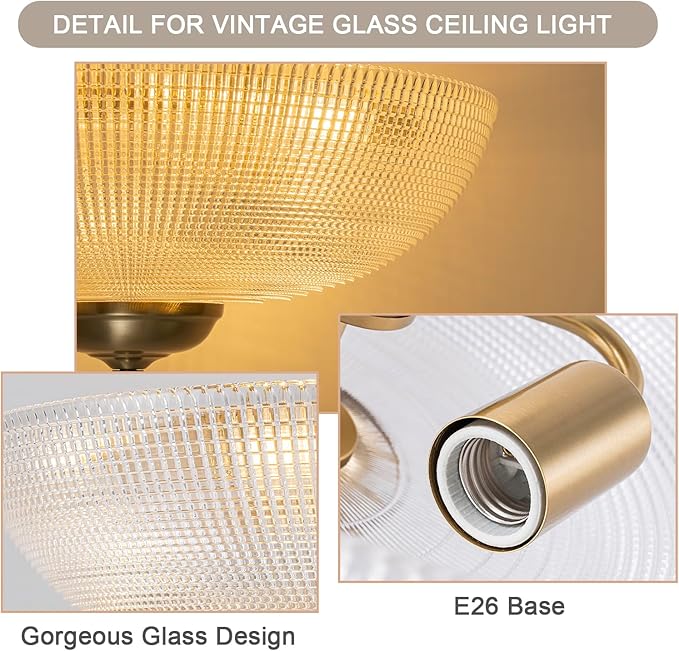 EDISLIVE 3-Light Vintage Glass Ceiling Light Brass Semi-Flush Lighting with Grid Shade,15.7" Antique Close to Ceiling Light E26 for Bedroom Dining Room Foyer Livingroom，Brass Copper Gold